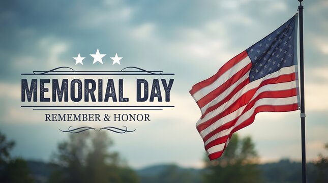 Memorial day tribute with american flag waving in front of a blurred war memorial