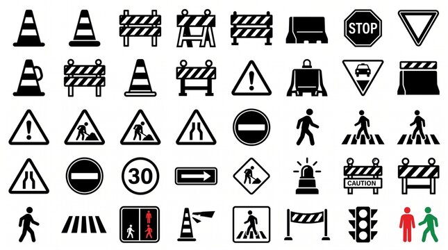 Road safety icon collection featuring construction barricades, traffic cones, road barriers, warning signs, street blocks, and pedestrian control symbols in bold black minimal vector style.