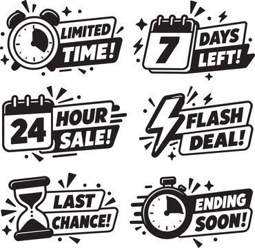 Set of sale and countdown icons including limited time 7 days left 24 hour sale flash deal last chance and ending soon for e-commerce promotion