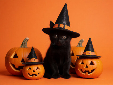 Black Kitten Dressed as Witch with Halloween Pumpkins