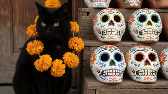 Black Cat with Marigold Necklace for Day of Dead