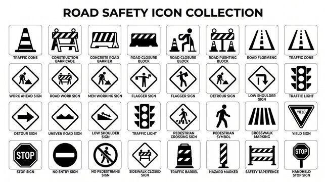 Road safety icon collection featuring construction barricades, traffic cones, road barriers, warning signs, street blocks, and pedestrian control symbols in bold black minimal vector style.