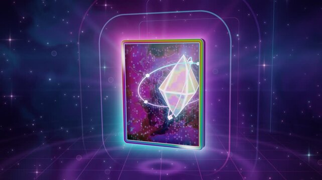 Futuristic holographic NFT card frame spinning in glowing sci fi cyberspace space loop