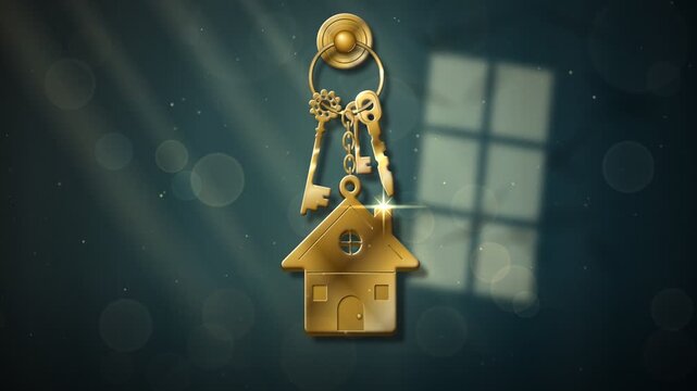 Elegant golden house keychain hanging on a wall with soft glowing lights