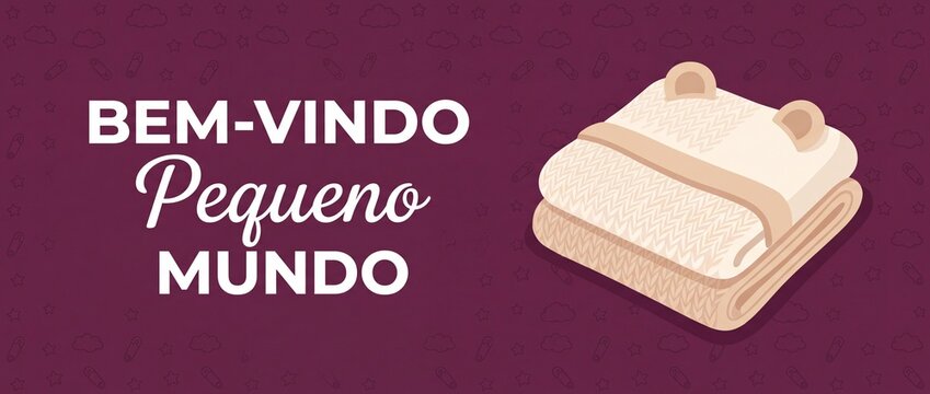 Baby welcome banner Portuguese text with cozy folded knitted blanket bear ears on plum background for newborn shower invitation horizontal template banner card design greeting Bem-Vindo Pequeno Mundo