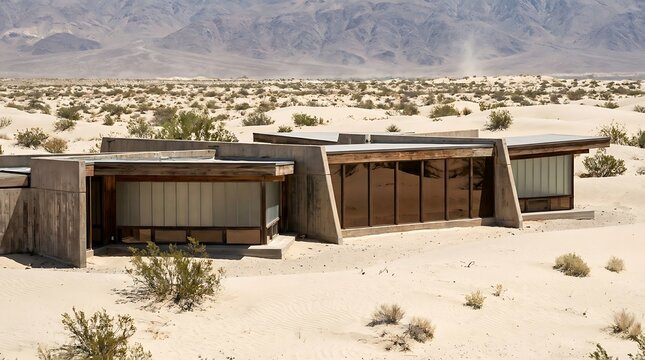 Modern concrete and glass desert house with angular design blending into arid landscape with sand dunes.