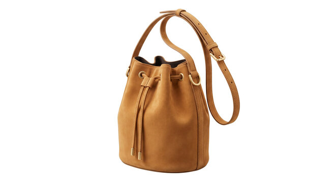 Tan leather bucket bag, stylish camel brown shoulder bag for women, minimalist fashion accessory, elegant drawstring handbag isolated PNG with Transparent Background
