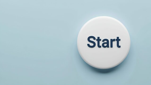 A white round start button set against a clean blue background. Use this graphic for business launch and technology concepts.