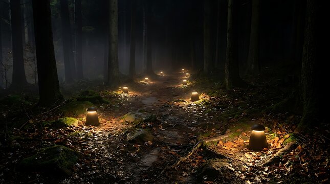 A serene night path illuminated by numerous small, glowing lamps winding through a dense, dark forest with tall trees and scattered leaves.