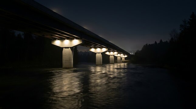 Sturdy concrete bridge over flowing river at night with illuminated pillars reflecting on water surface under dark sky with surrounding silhouette forest trees.