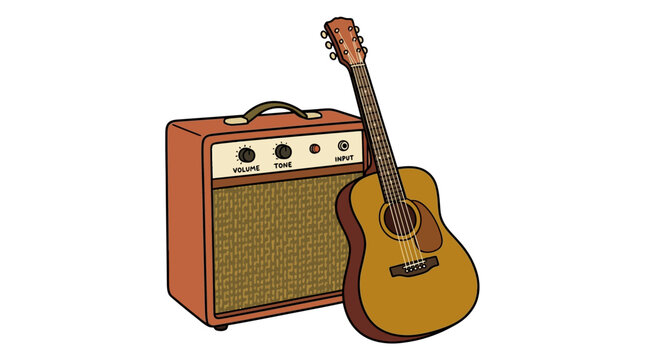 Acoustic guitar leaning against a vintage amplifier illustration