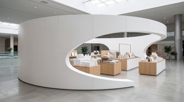 Modern minimalist retail display with curved white walls and wooden product stan