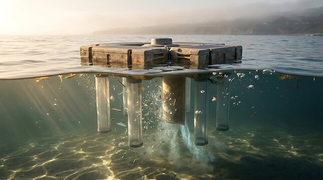 Innovative floating water filtration device with submerged tubes collecting marine debris in ocean coastal waters during misty sunrise with soft ambient lighting.