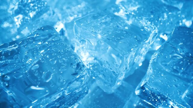 Fresh ice cubes with water drops macro footage for refreshing drink and cooling background.