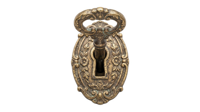 Antique brass keyhole with ornate floral patterns, vintage bronze door hardware, decorative skeleton key escutcheon for classical interior design isolated PNG with Transparent Background