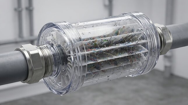 Close up view of horizontal filtration discs inside transparent housing capturing colorful microplastic fibers and particles from contaminated water flow system.