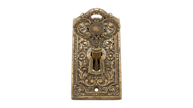 Antique ornate brass key in vintage keyhole, decorative bronze door hardware with floral filigree, old Victorian skeleton key in lock isolated PNG with Transparent Background