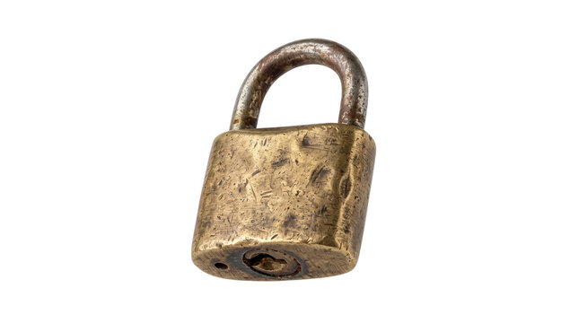 Vintage brass padlock with weathered texture, antique metal lock for security and protection, rustic golden bronze hardware isolated PNG with Transparent Background