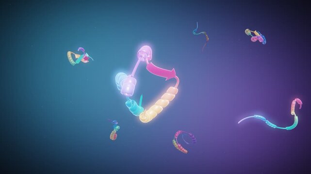 Abstract protein folding animation showing molecular structure and biotechnology process