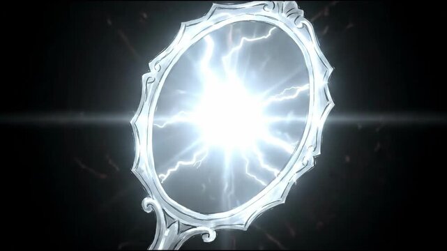 Haunted 4K Ornate Handheld Mirror Flashing with Sinister Lightning Bolts against Dark Background