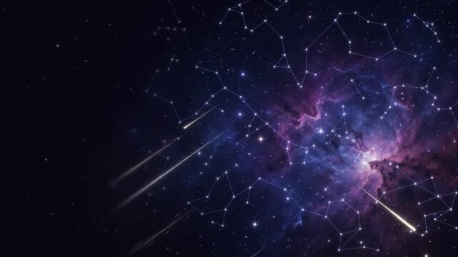 Connected Constellations and Streaking Meteors Across a Nebular Starry Deep Space