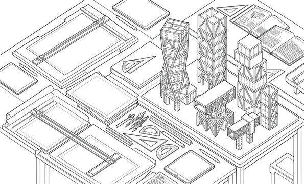 Isometric Architectural Drafting Workspace with Building Scale Models, Drawing Boards, and Drafting Tools Vector