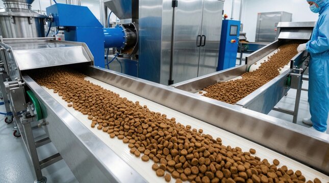 Industrial food processing plant produces dry pet food. Brown kibble moves along automated conveyor belts in clean factory. Worker in blue uniform, mask monitors production line. High tech machine