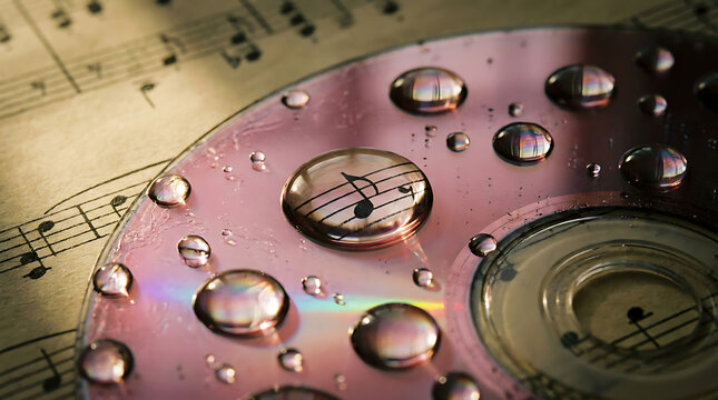 Macro shot of compact disc with water droplets on sheet music 