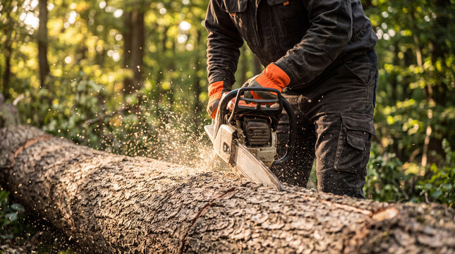 Forestry worker cutting a fallen tree with a chainsaw in a dense forest.