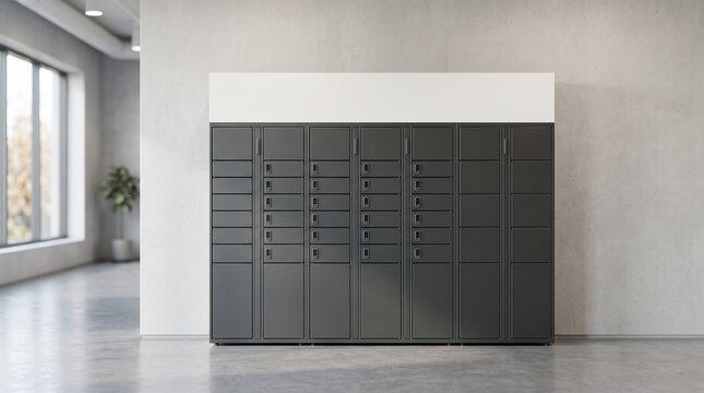 Modern gray smart parcel delivery locker system in a minimalist office lobby
