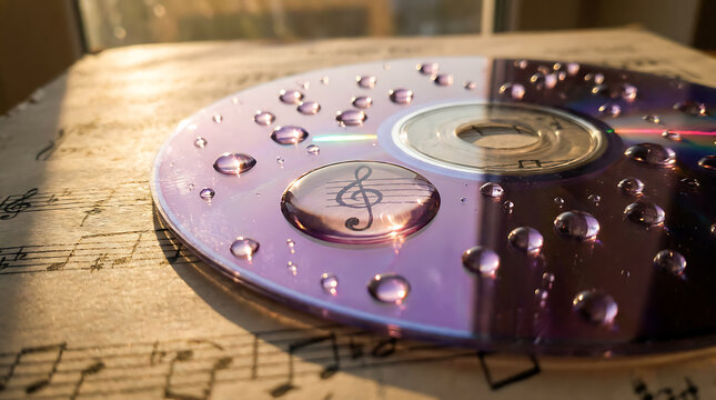 Water drops on shiny CD surface reflecting musical notes background 
