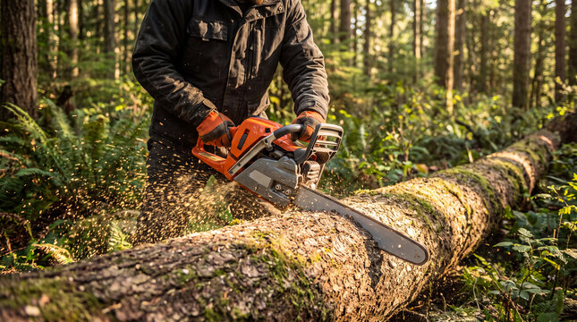 Forestry worker cutting a fallen tree with a chainsaw in a dense forest.