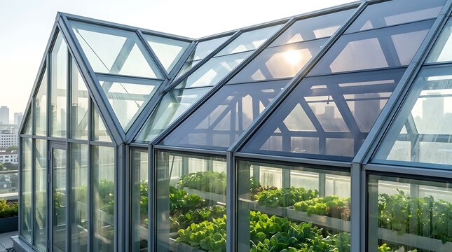 Greenhouse rooftop urban farming setup with rows of fresh green lettuce plants growing in modern vertical hydroponic system with glass walls and metal frame structure.