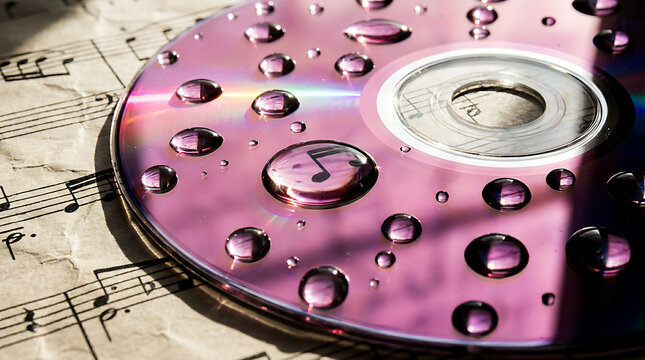 Purple compact disc with clear water droplets on vintage sheet music 