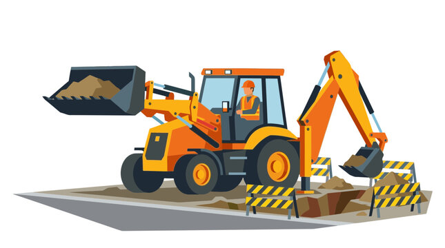 Vector illustration of a construction backhoe loader on a job site