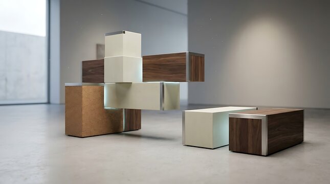 Abstract geometric furniture sculpture composed of modular wooden blocks and light colored rectangular volumes arranged in artistic formation within gallery space.
