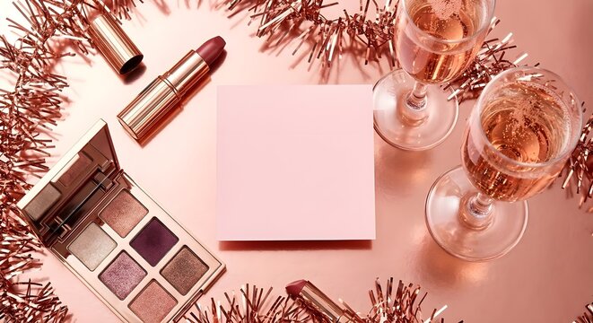 Rose gold party flat lay with makeup cosmetics champagne glasses and blank card