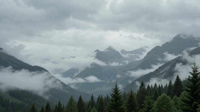 Foggy alpine mountain landscape with evergreen pine forest and dramatic overcast skies