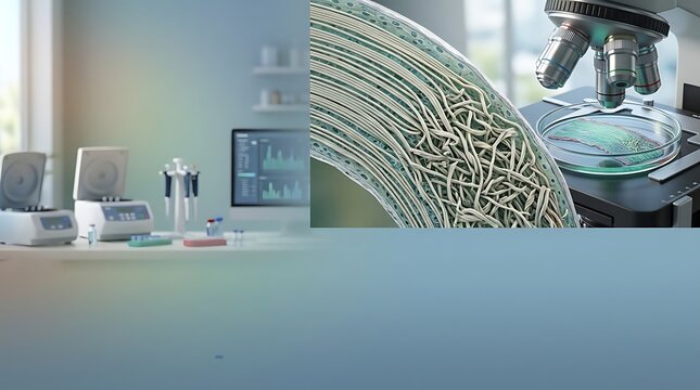 Scientific laboratory banner with microscope and microscopic view