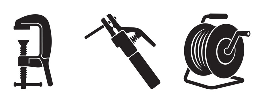 Clamp, welding electrode holder and hose reel silhouettes set for industry, tool and repair