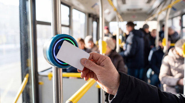 Passenger using a contactless payment card on a ticket validator aboard a modern public transport vehicle.
