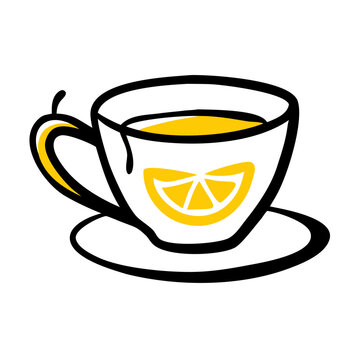 Hand drawn lemon tea cup and saucer vector sketch illustration.