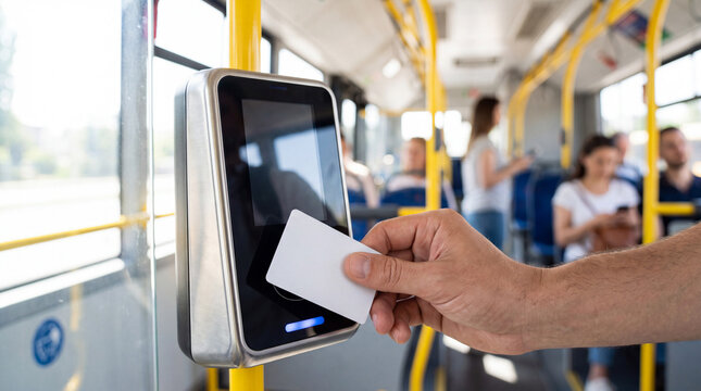 Passenger using a contactless payment card on a ticket validator aboard a modern public transport vehicle.
