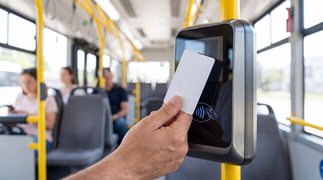 Passenger using a contactless payment card on a ticket validator aboard a modern public transport vehicle.