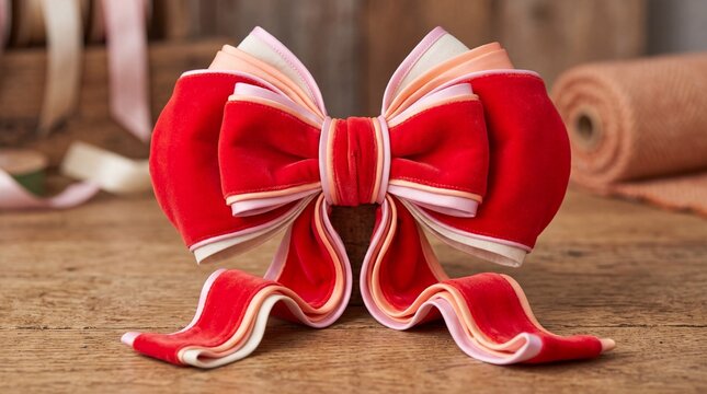 Red and pink velvet ribbon bow vektor style on wooden surface
