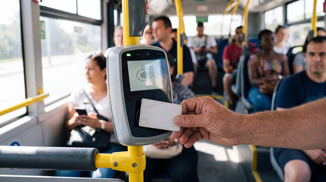 Passenger using a contactless payment card on a ticket validator aboard a modern public transport vehicle.