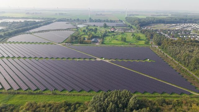 Aerial view of large solar park in Zeewolde, Flevoland, Netherlands