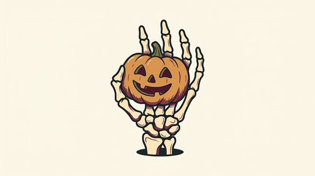 Cartoon skeleton hand holding a smiling Halloween jack-o'-lantern pumpkin on a light background.