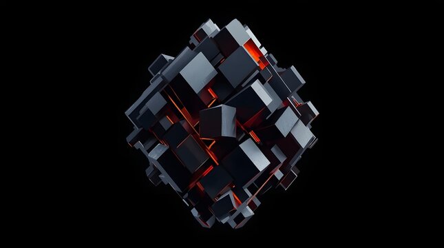 Abstract futuristic dark cube with glowing red interior lights isolated on black background