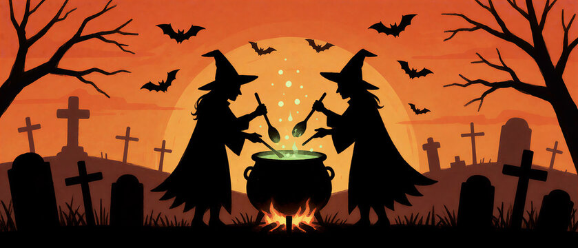 Silhouette of two witches brewing potion in cauldron at sunset